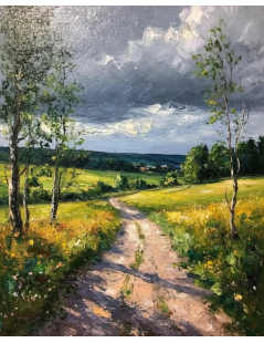 Tytuł: Droga przez łąki, pejzaż, Autor: 