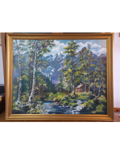 Tytuł: Pejzaż górski, chatka w lesie, potok, Autor: Emilia Czupryńska