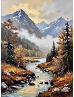 Tytuł: Pejzaż górski, rzeka górska, las, Autor: 