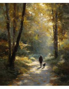 Tytuł: Nostalgiczny pejzaż jesienny, spacer z psem, Autor: 