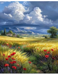 Tytuł: Złote łany zboża z makami i burza, Autor: 