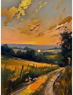 Tytuł: Pejzaż jesienny, złoty zachód słońca, Autor: 