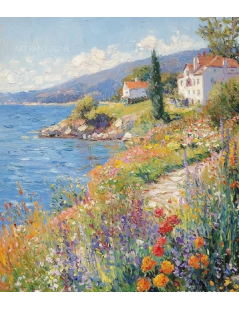 Tytuł: Pejzaż śródziemnomorski, morze, domki, kwiaty, van Gogh, Autor: 