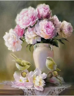 Tytuł: Peonie w wazonie z ptaszkami, Autor: 