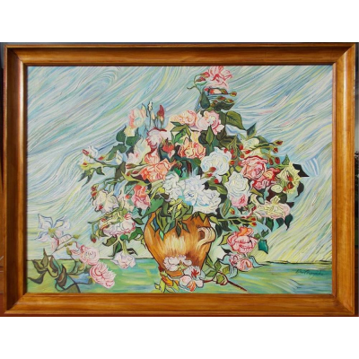 Obraz Martwa natura - Waza z różami Vincenta van Gogha przedstawiający bukiet kwiatów w glinianym wazonie.